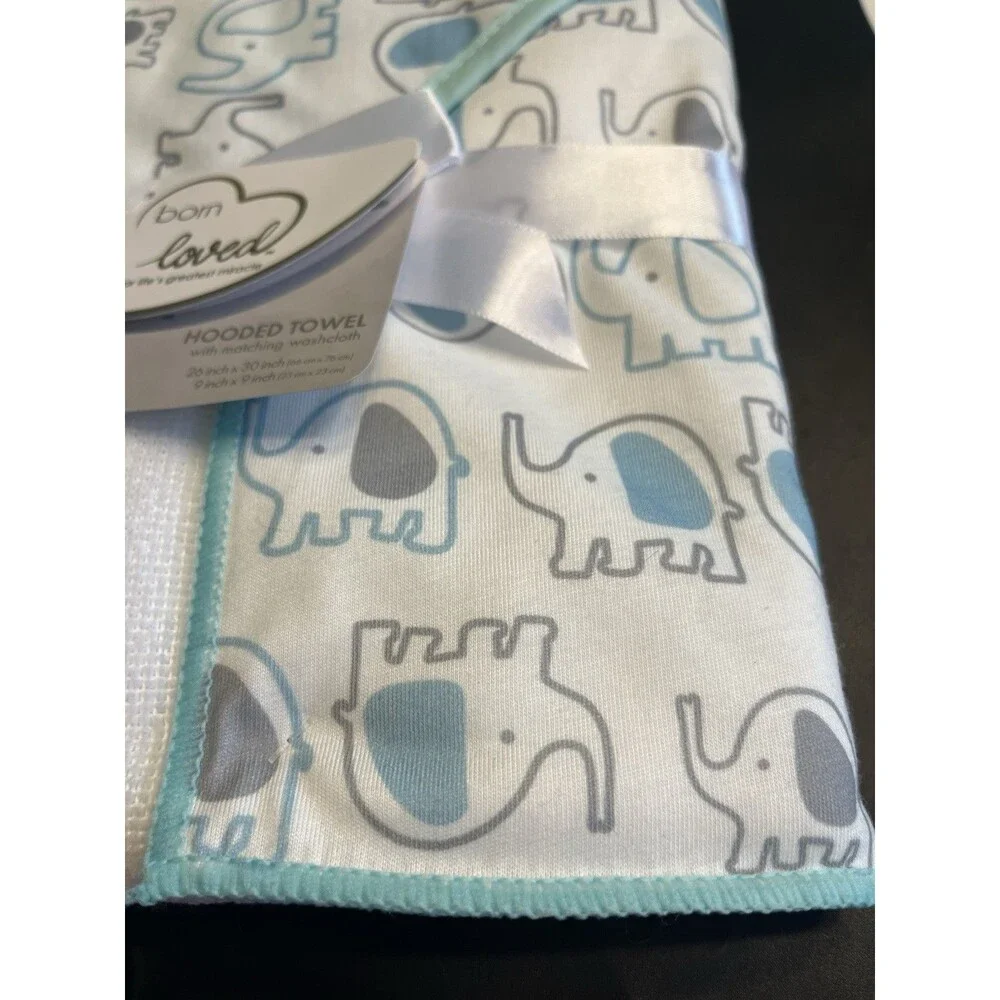 2pc New Born Loved Elephant Hooded Baby Bath Towel Washcloth Set Shower Gift